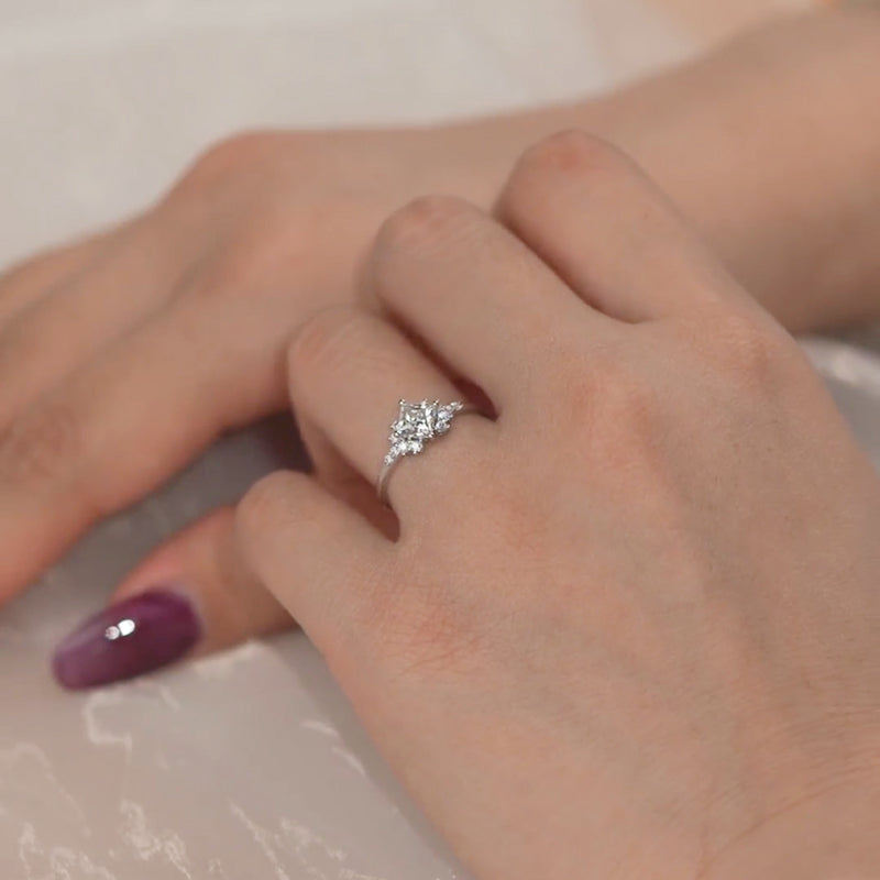 Princess Cut Starburst Halo Moissanite Engagement Ring
