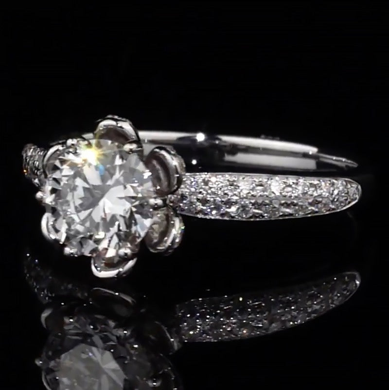 Floral Pave Band Hidden Halo Moissanite Engagement Ring
