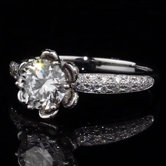 Floral Pave Band Hidden Halo Moissanite Engagement Ring