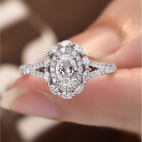 Oval Cut Halo Design Moissanite Engagement Ring