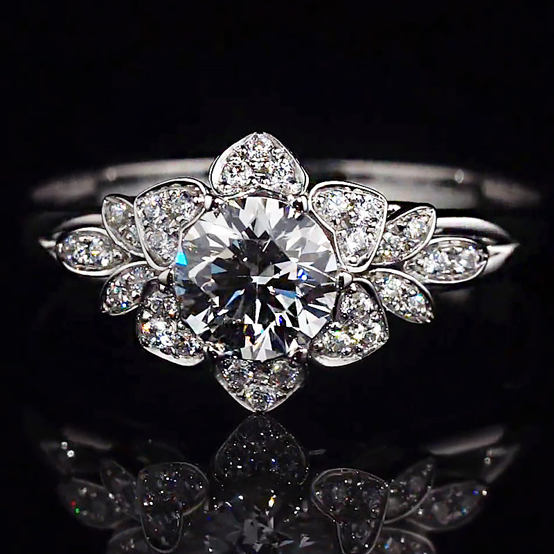 Floral Halo Leaf Accent Moissanite Engagement Ring