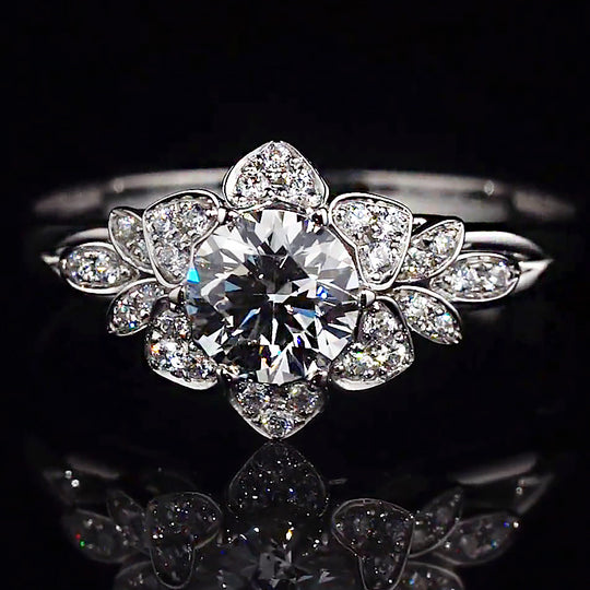 Floral Halo Leaf Accent Moissanite Engagement Ring