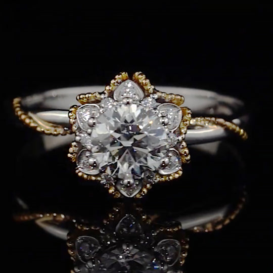 Two-Tone Floral Halo Milgrain Moissanite Engagement Ring