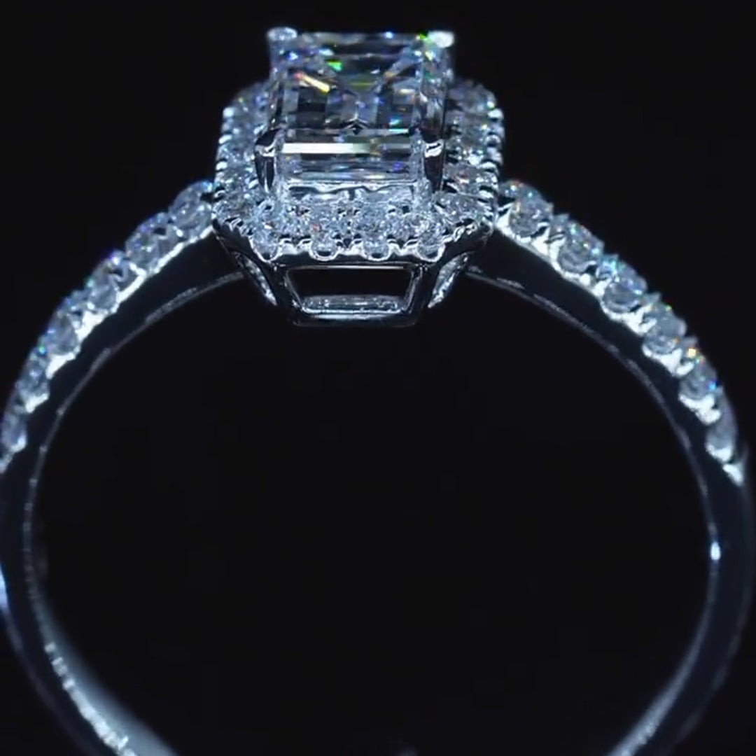 Emerald Cut Halo Design Side Stone  Moissanite Engagement Ring