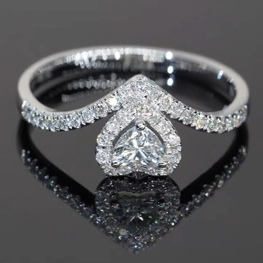 Heart Cut V Shape Halo Design Moissanite Engagement Ring