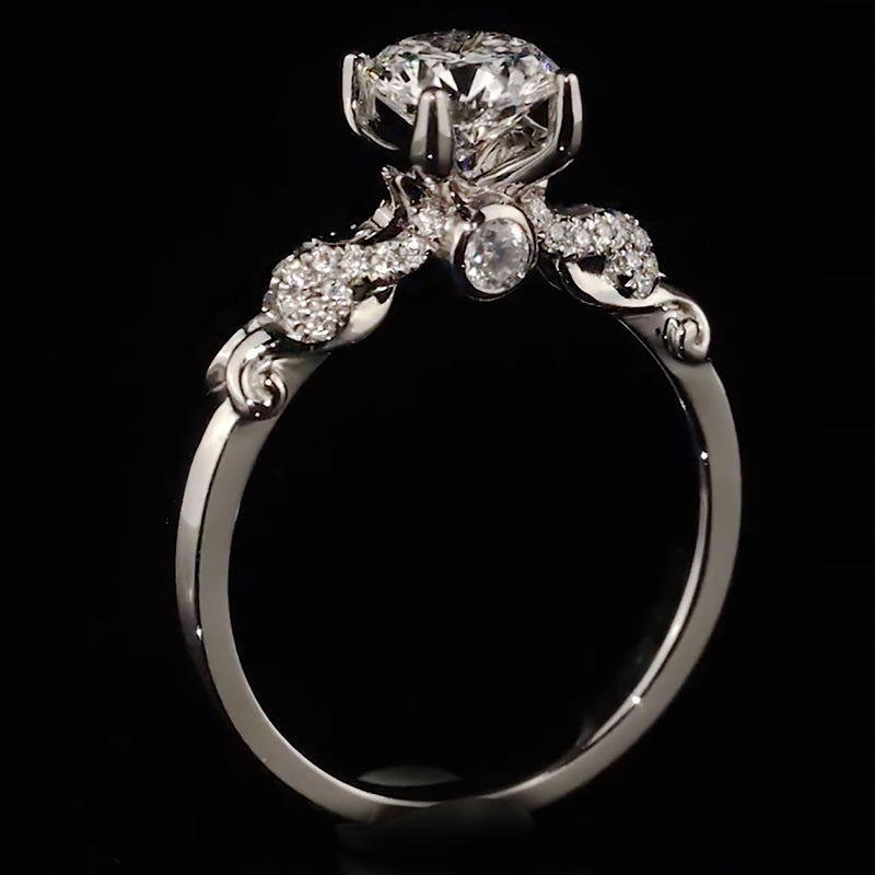 Scroll Accent Wave Pave Band Moissanite Engagement Ring