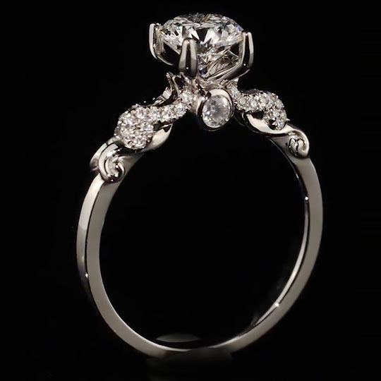 Scroll Accent Wave Pave Band Moissanite Engagement Ring
