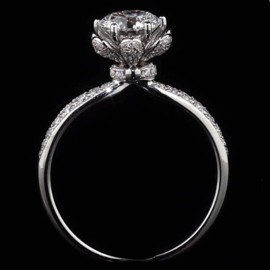 Floral Pave Band Hidden Halo Moissanite Engagement Ring