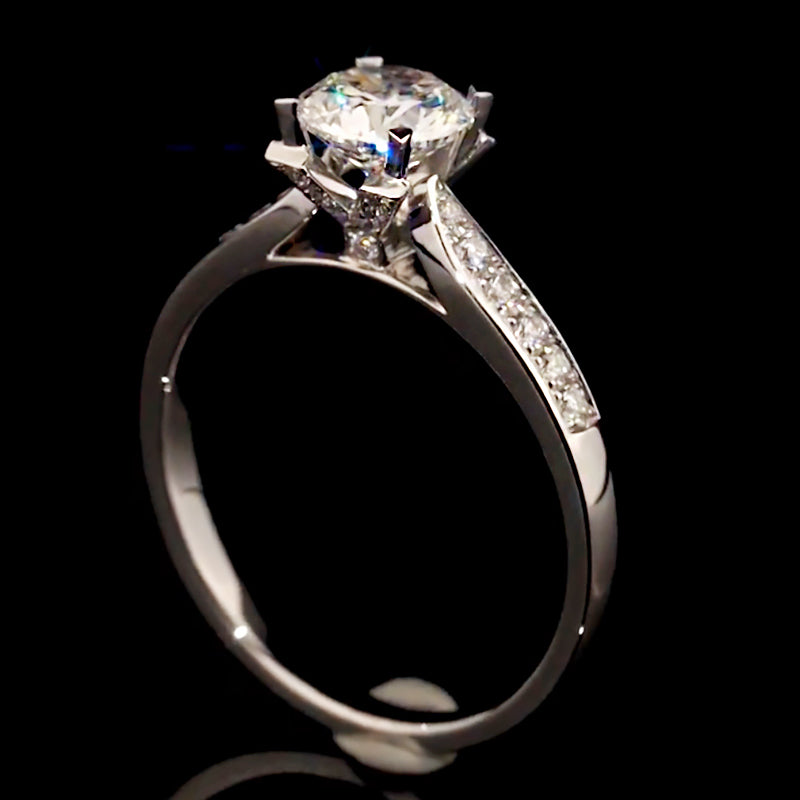 V-Shape Prong Setting Pave Band Moissanite Engagement Ring
