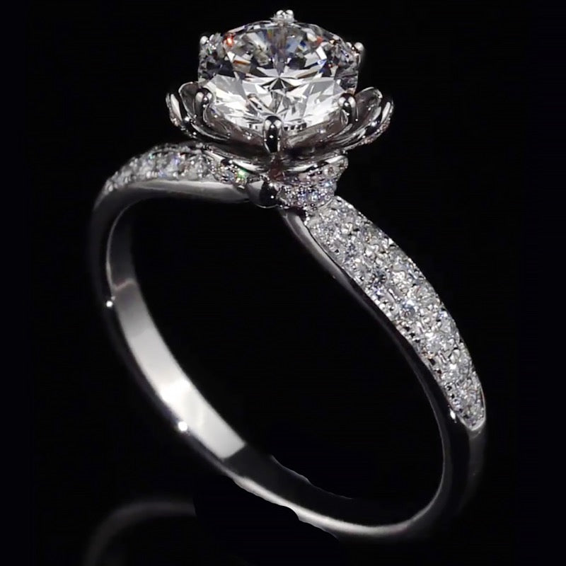 Floral Pave Band Hidden Halo Moissanite Engagement Ring