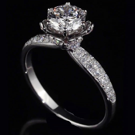 Floral Pave Band Hidden Halo Moissanite Engagement Ring