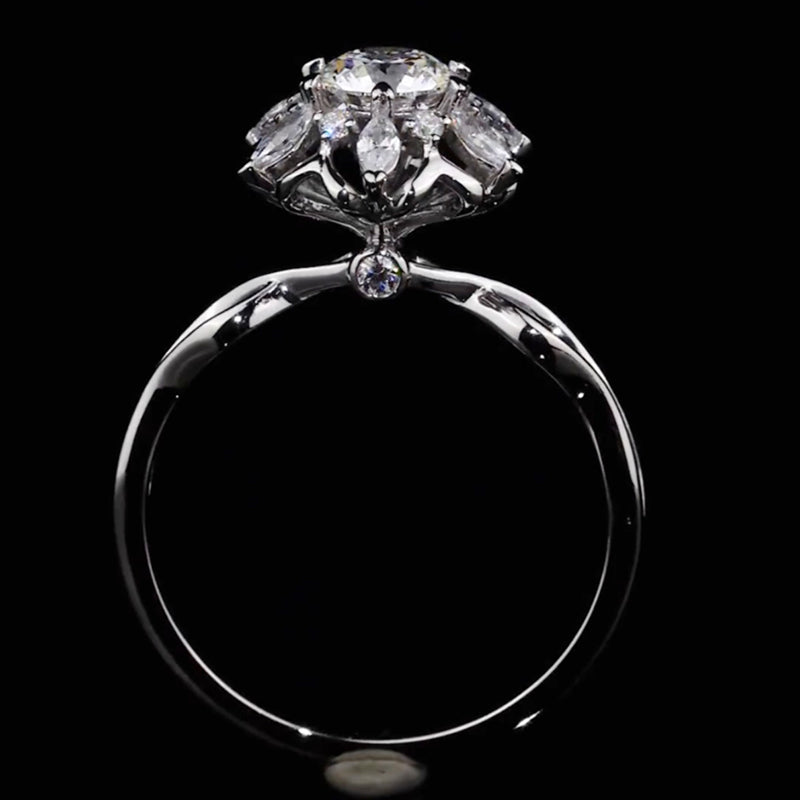 Marquise Floral Halo Twist Shank Round Cut Moissanite Engagement Ring