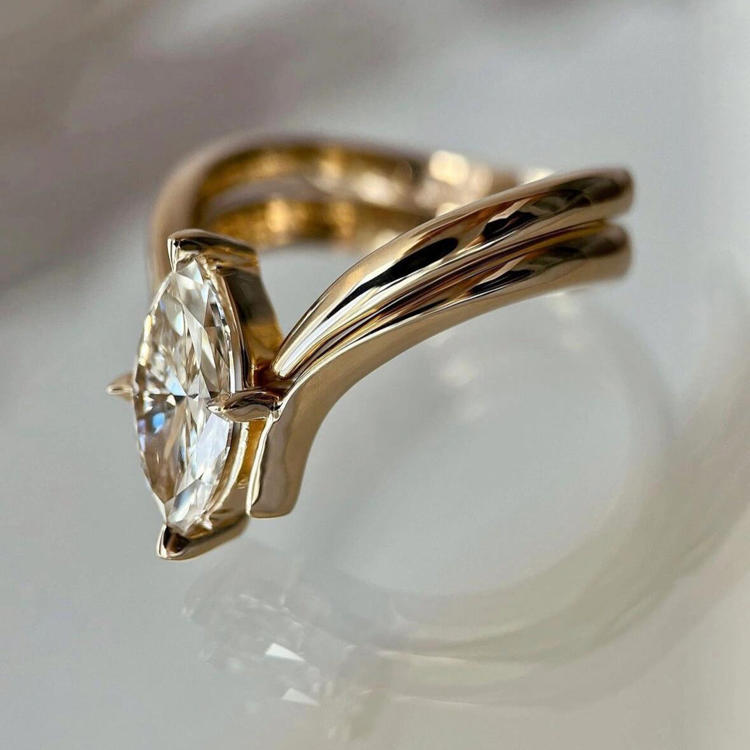 New Arrived Marquise Cut Twin Band Moissanite Engagement Ring