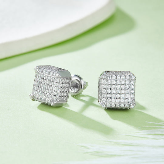 Square Side-Set S925 Silver Screw Back Stud Moissanite Earrings