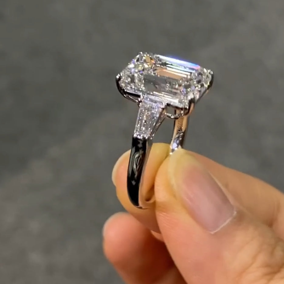 5CT Emerald Cut Trillion Side Stones Moissanite Engagement Ring