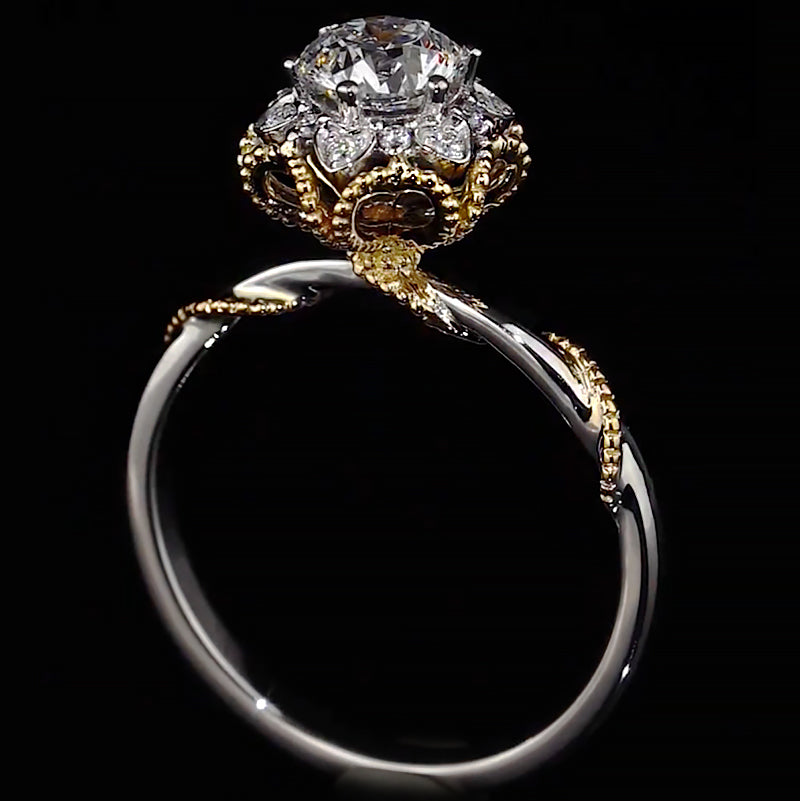 Two-Tone Floral Halo Milgrain Moissanite Engagement Ring