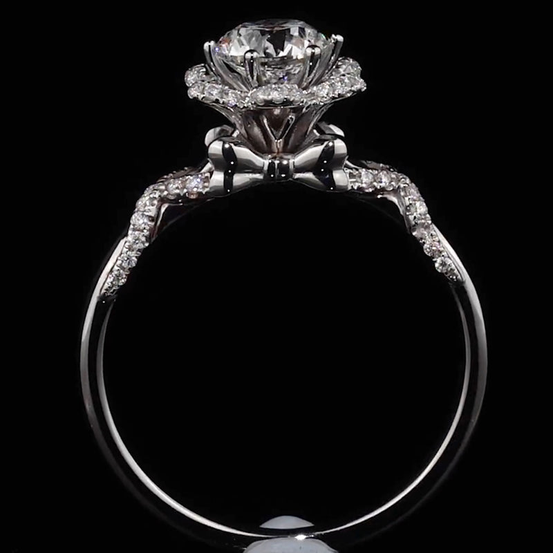 Rose & Bow Tie Halo Round Cut Moissanite Engagement Ring