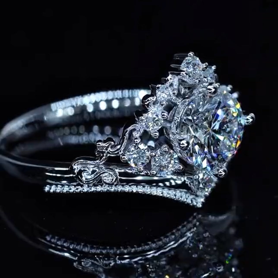 Crown Design Round Cut Moissanite Engagement Ring