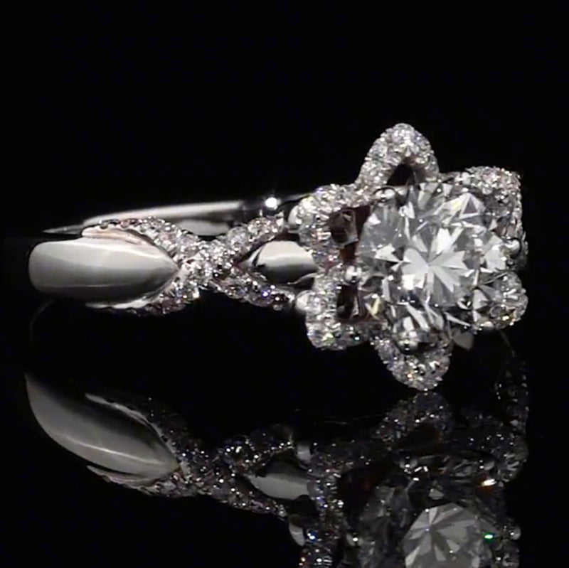 Rose & Bow Tie Halo Round Cut Moissanite Engagement Ring