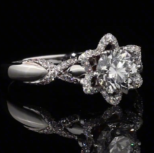 Rose & Bow Tie Halo Round Cut Moissanite Engagement Ring