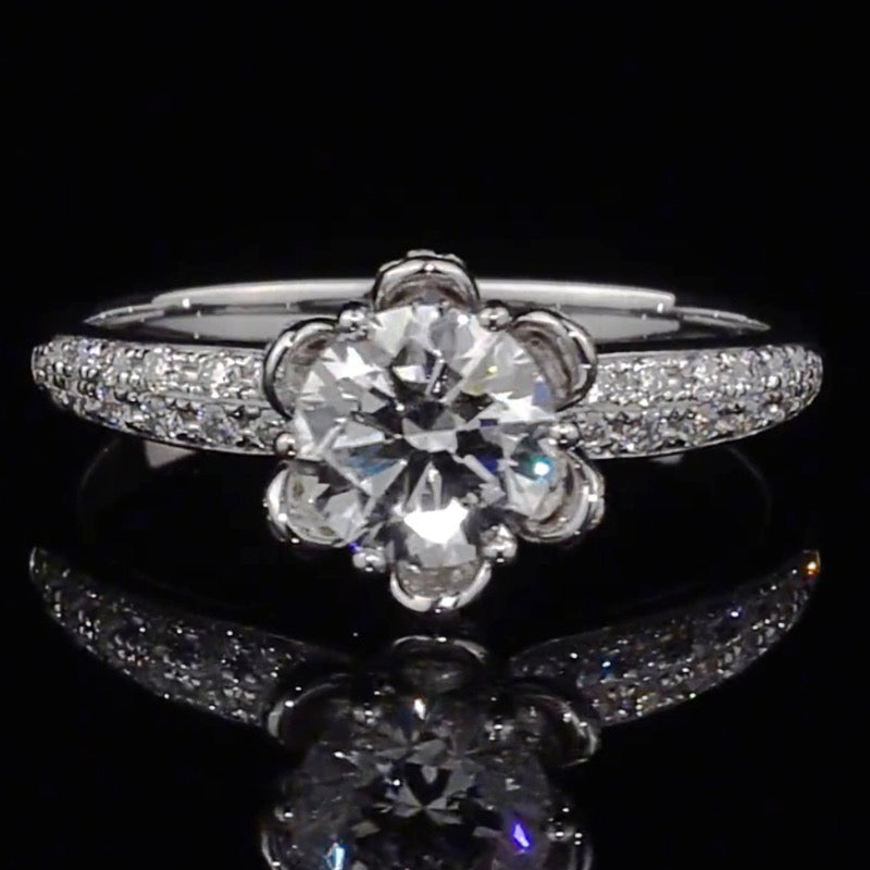 Floral Pave Band Hidden Halo Moissanite Engagement Ring