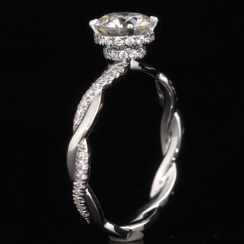 Twist Band Hidden Halo Design Moissanite Engagement Ring