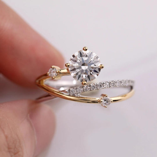 Round Cut Meteor Design 2 Tones  Moissanite Engagement Ring