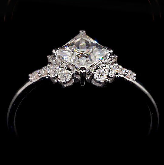 Princess Cut Starburst Halo Moissanite Engagement Ring