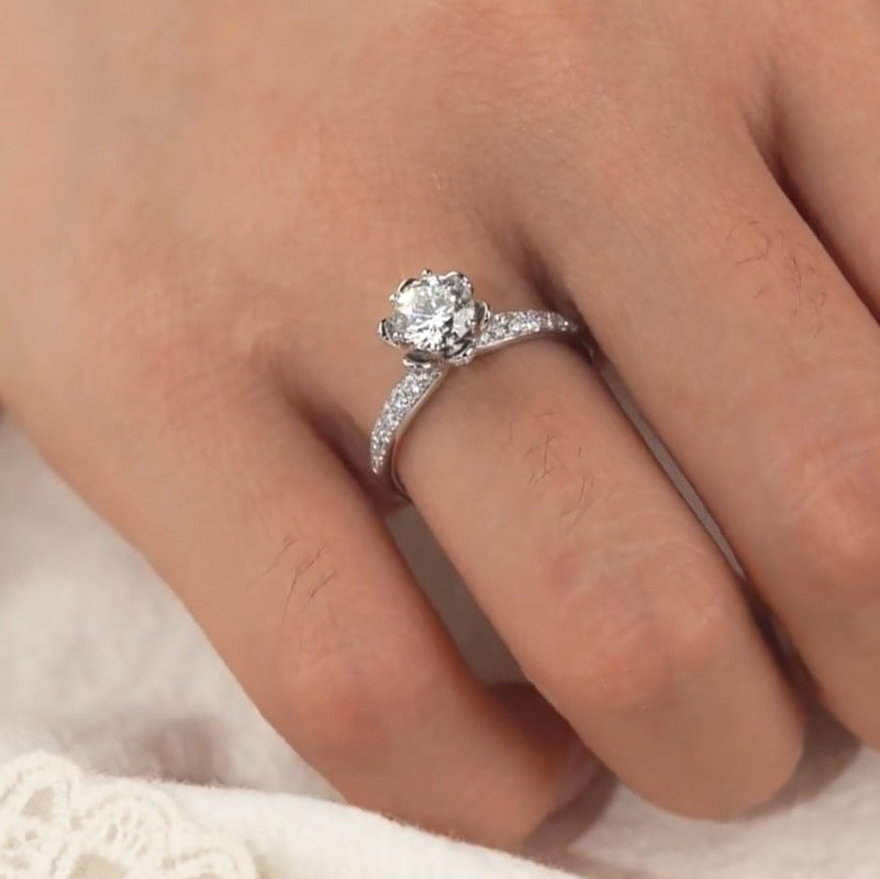 Floral Pave Band Hidden Halo Moissanite Engagement Ring