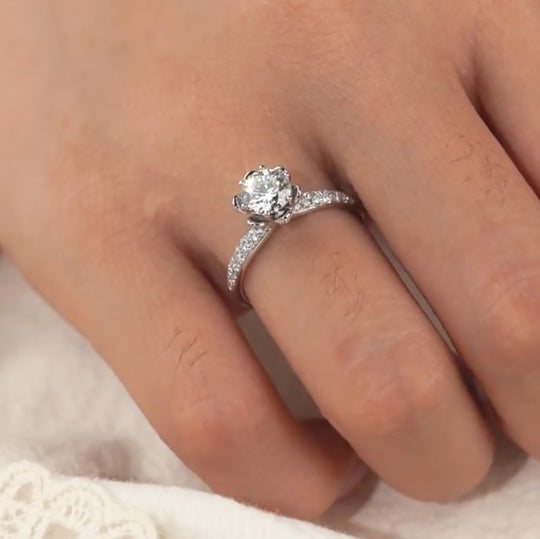 Floral Pave Band Hidden Halo Moissanite Engagement Ring