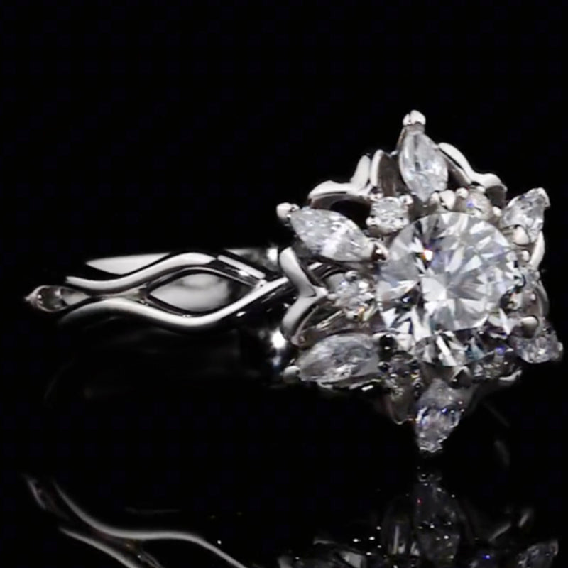 Marquise Floral Halo Twist Shank Round Cut Moissanite Engagement Ring