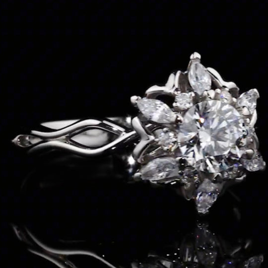 Marquise Floral Halo Twist Shank Round Cut Moissanite Engagement Ring
