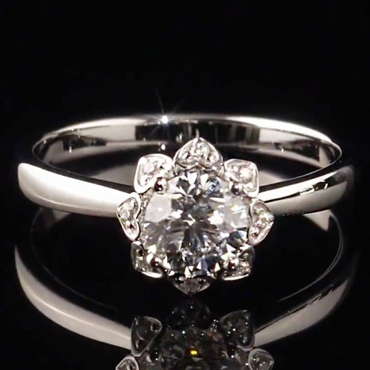 Floral Heart Halo Round Cut Moissanite Engagement Ring