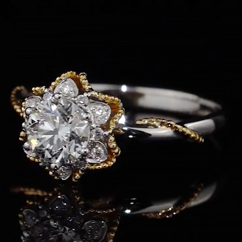 Two-Tone Floral Halo Milgrain Moissanite Engagement Ring