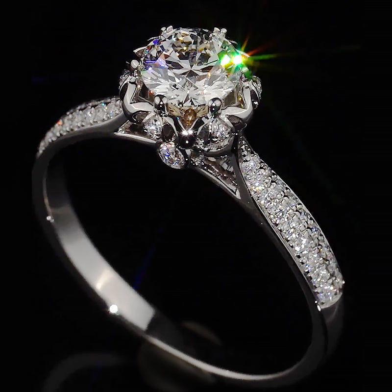 Lotus Crown Silhouette Pave Band Moissanite Engagement Ring