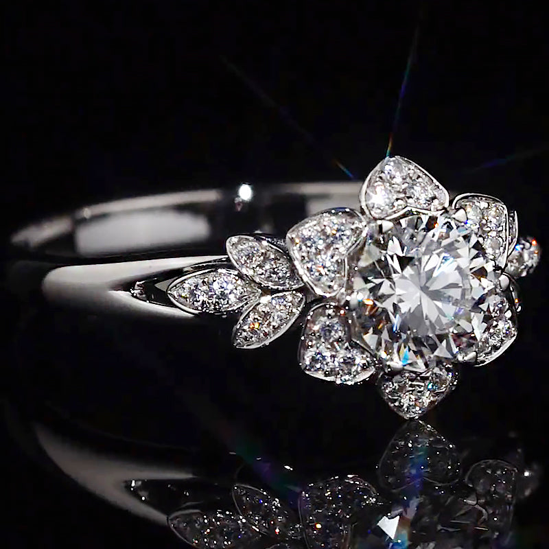 Floral Halo Leaf Accent Moissanite Engagement Ring
