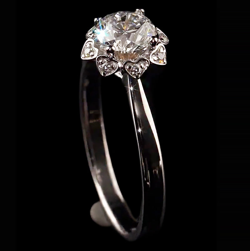 Floral Heart Halo Round Cut Moissanite Engagement Ring