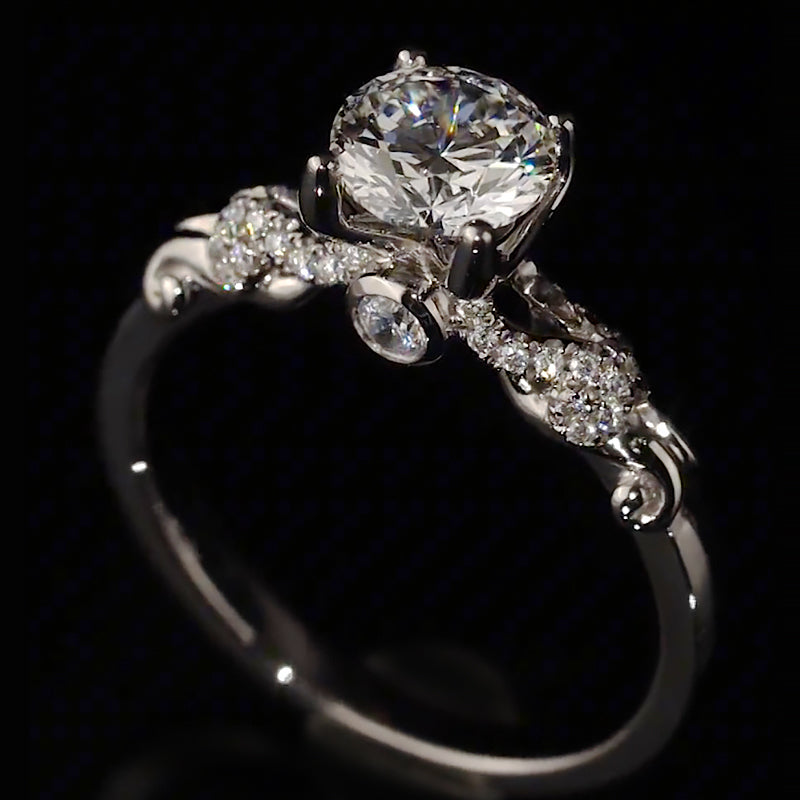 Scroll Accent Wave Pave Band Moissanite Engagement Ring