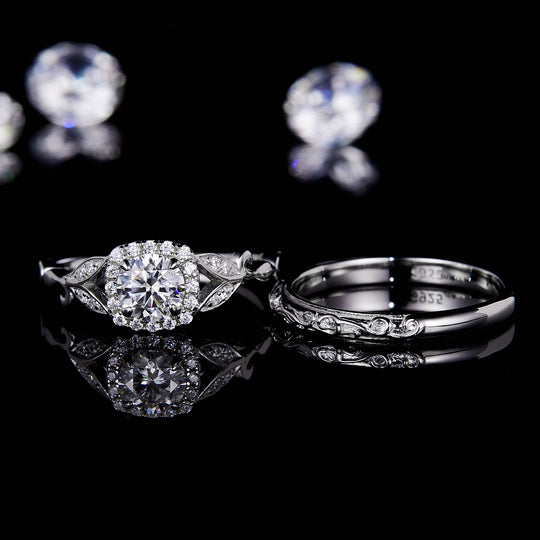 Round Cut Moissanite Engagement and Wedding Ring Set 6