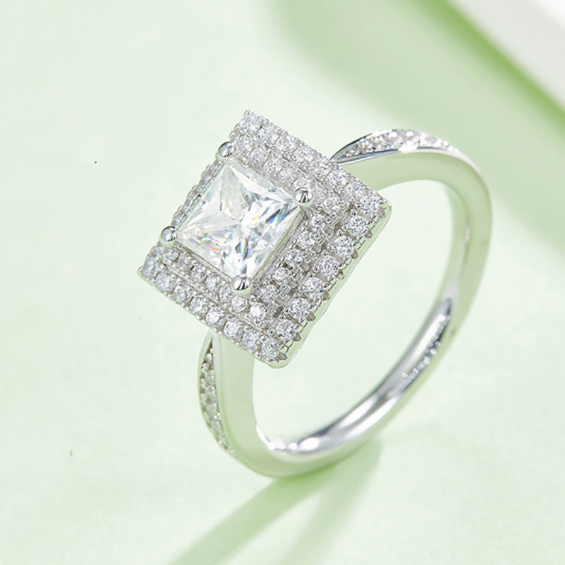 Double Halo Design Princess Cut  Moissanite Ring