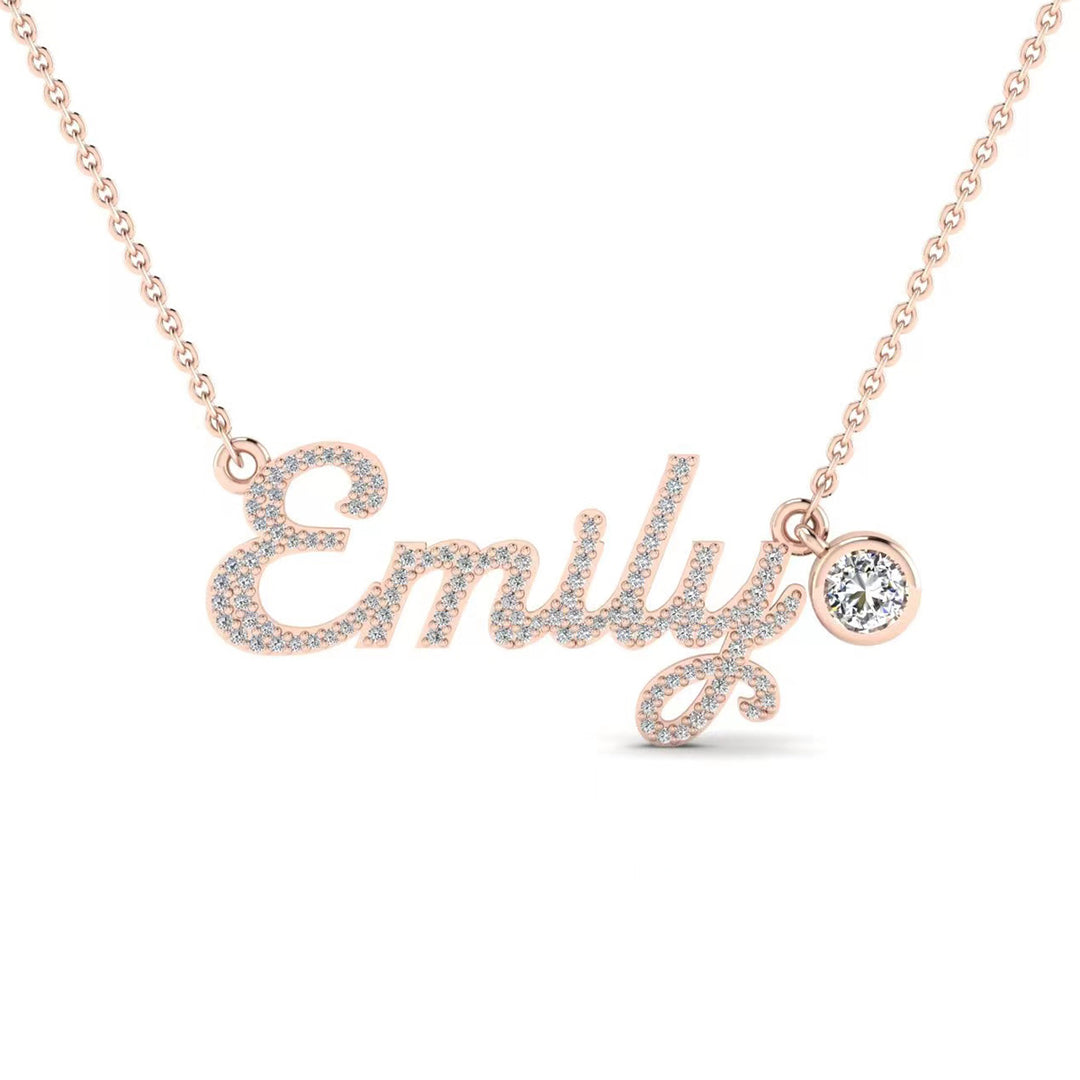 10K Solid Gold Custom Moissanite Name Necklace With 4mm Charm For Women