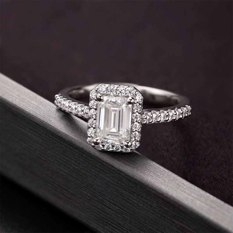 Emerald Cut Halo Design Moissanite Ring