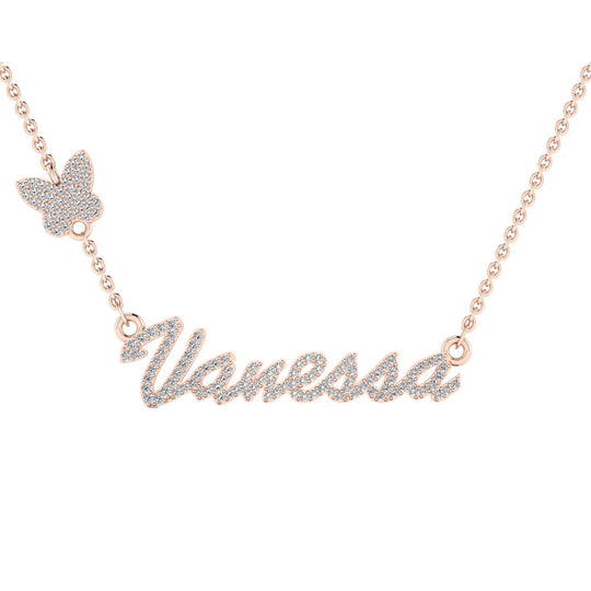 14K Solid Gold Custom Moissanite Name Necklace With Butterfly On Chain For Women