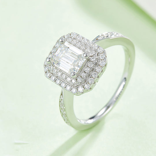 Double Halo Design Emerald Cut  Moissanite Ring