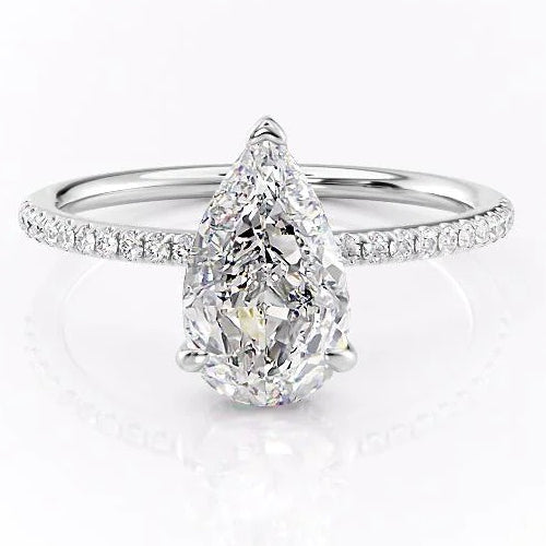 3CT Pear Cut Hidden Halo Side Stones Moissanite Engagement Ring