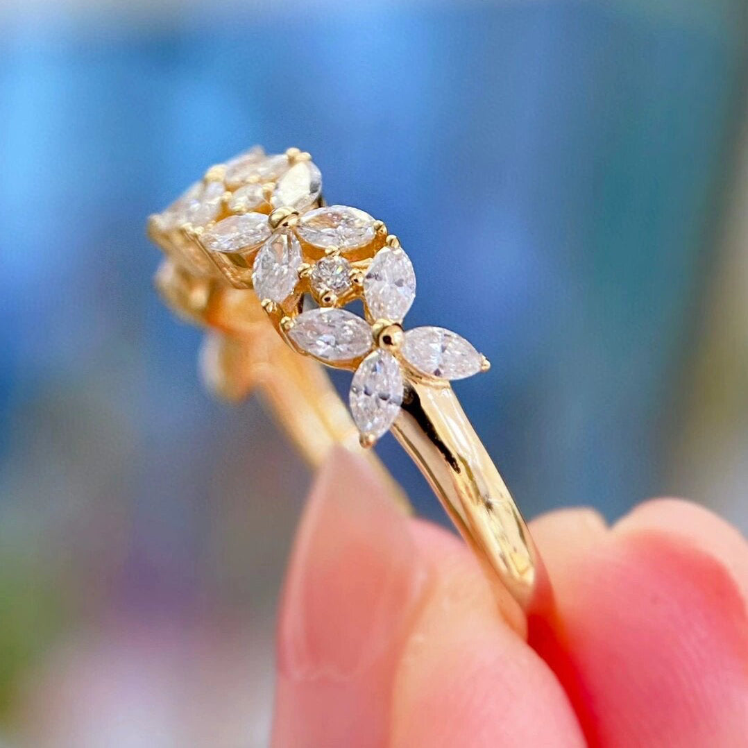 Elegant Flower Design Marquise Moissanite Wedding Ring