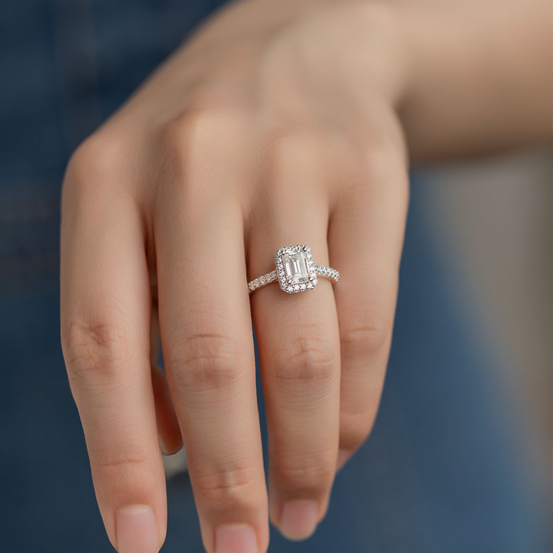 Emerald Cut Halo Design Moissanite Ring