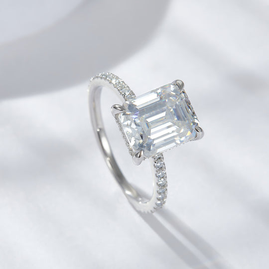 3CT Emerald Cut Hidden Halo Side Stones Moissanite Engagement Ring