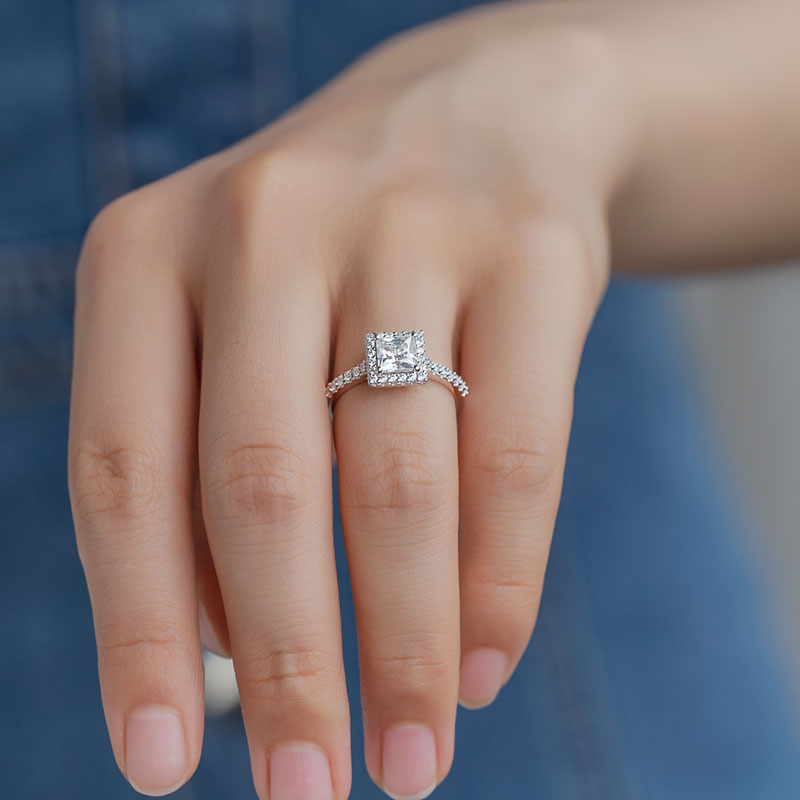 Princess Cut Halo Design Moissanite Ring