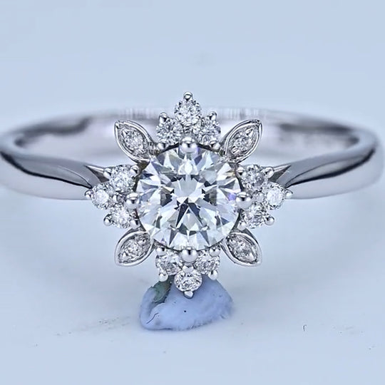 Flower Design Round Cut Moissanite Engagement Ring